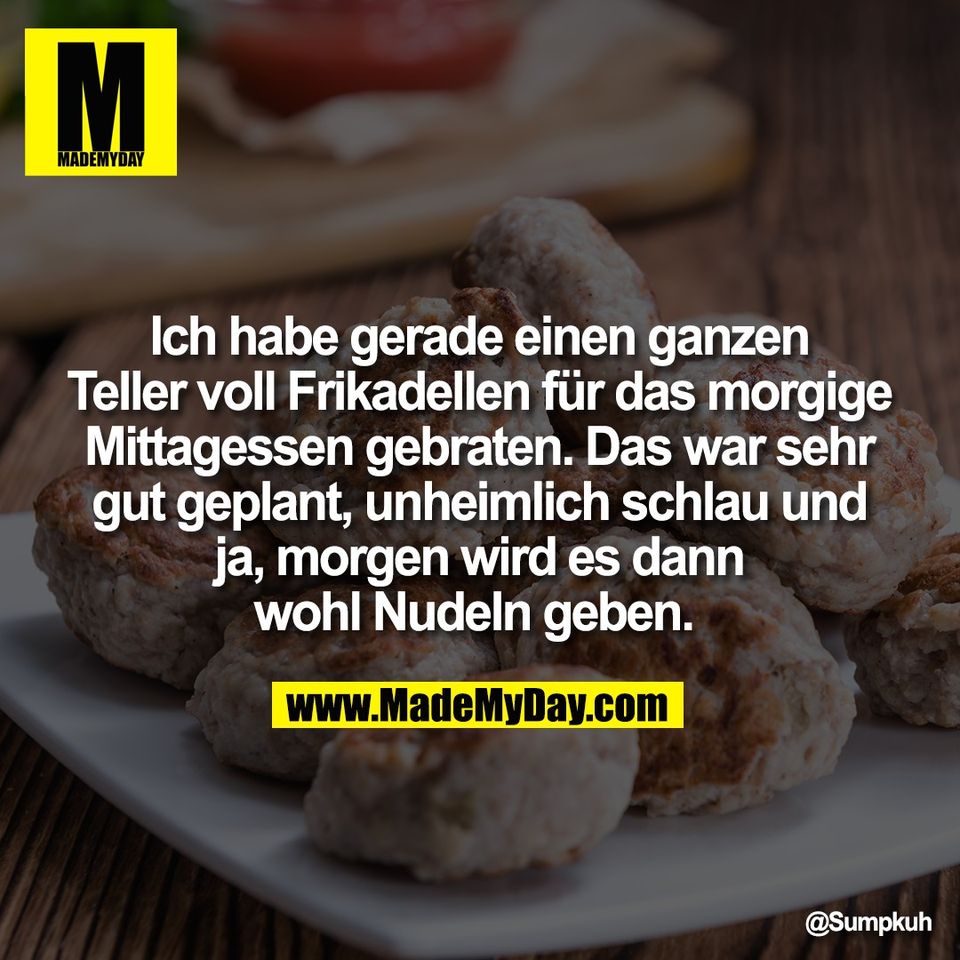 Ich habe gerade einen ganzen<br />
Teller voll Frikadellen für das morgige<br />
Mittagessen gebraten. Das war sehr<br />
gut geplant, unheimlich schlau und<br />
ja, morgen wird es dann<br />
wohl Nudeln geben.