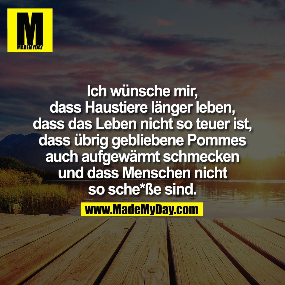 Ich wünsche mir,<br />
dass Haustiere länger leben,<br />
dass das Leben nicht so teuer ist,<br />
dass übrig gebliebene Pommes<br />
auch aufgewärmt schmecken<br />
und dass Menschen nicht<br />
so sche*ße sind.