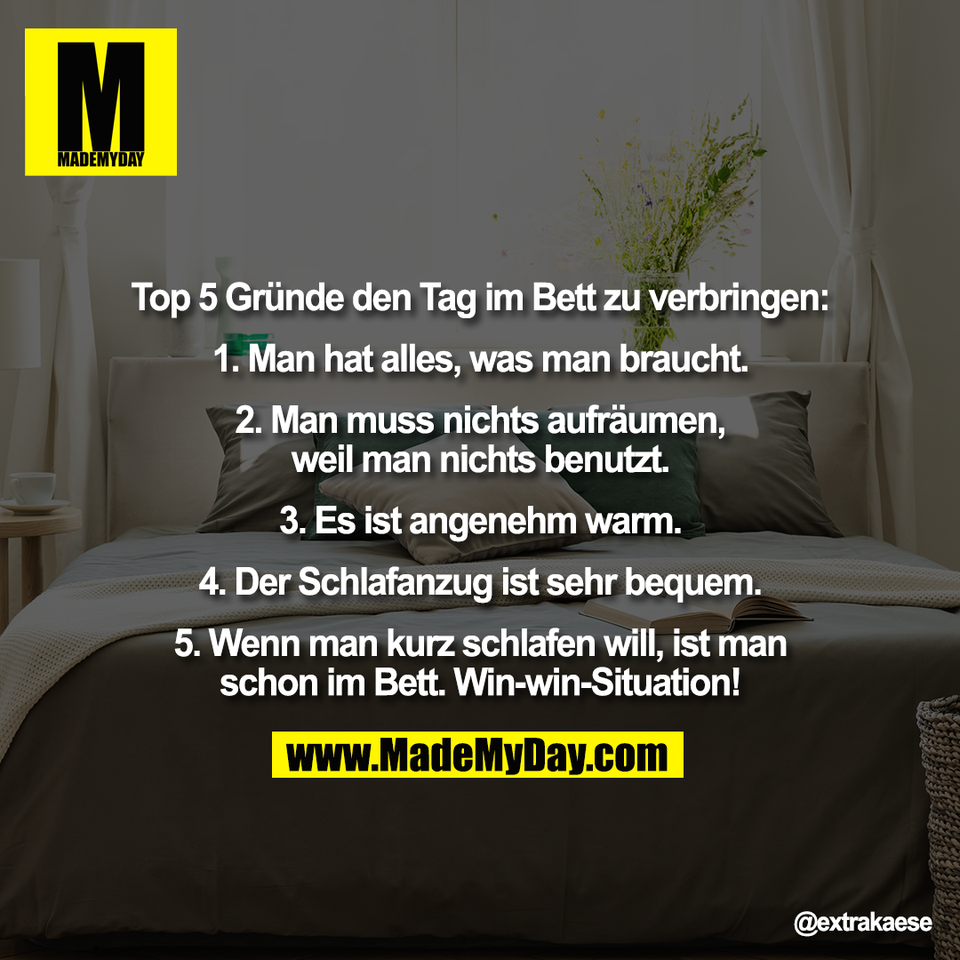 "Top 5 Gründe den Tag im Bett zu verbringen:<br />
<br />
1. Man hat alles, was man braucht.<br />
<br />
2. Man muss nichts aufräumen,<br />
weil man nichts benutzt.<br />
<br />
3. Es ist angenehm warm.<br />
<br />
4. Der Schlafanzug ist sehr bequem.<br />
<br />
5. Wenn man kurz schlafen will, ist man<br />
schon im Bett. Win-win-Situation!"