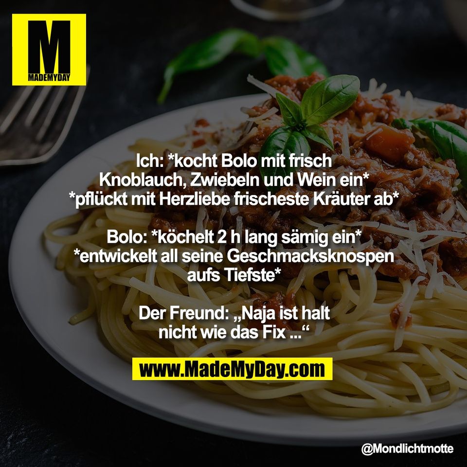 Ich: *kocht Bolo mit frisch<br />
Knoblauch, Zwiebeln und Wein ein*<br />
*pflückt mit Herzliebe frischeste Kräuter ab*<br />
<br />
Bolo: *köchelt 2 h lang sämig ein*<br />
*entwickelt all seine Geschmacksknospen<br />
aufs Tiefste*<br />
<br />
Der Freund: „Naja ist halt<br />
nicht wie das Fix ...“