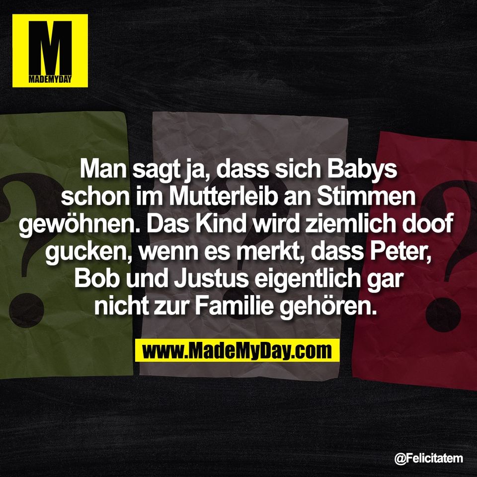 Man sagt ja, dass sich Babys<br />
schon im Mutterleib an Stimmen<br />
gewöhnen. Das Kind wird ziemlich doof <br />
gucken, wenn es merkt, dass Peter,<br />
Bob und Justus eigentlich gar<br />
nicht zur Familie gehören.