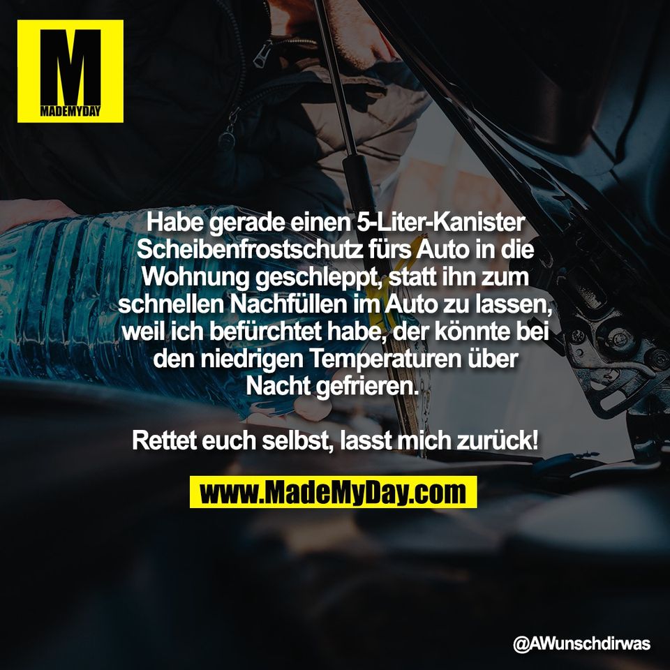 Habe gerade einen 5-Liter-Kanister<br />
Scheibenfrostschutz fürs Auto in die<br />
Wohnung geschleppt, statt ihn zum<br />
schnellen Nachfüllen im Auto zu lassen,<br />
weil ich befürchtet habe, der könnte bei<br />
den niedrigen Temperaturen über<br />
Nacht gefrieren. <br />
<br />
Rettet euch selbst, lasst mich zurück!