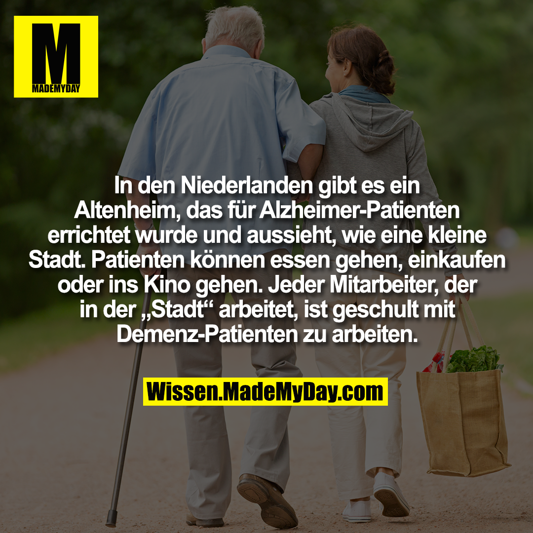 In den Niederlanden gibt es ein Altenheim, das für Alzheimer-Patienten errichtet wurde und aussieht, wie eine kleine Stadt. Patienten können essen gehen, einkaufen oder ins Kino gehen. Jeder Mitarbeiter, der in der „Stadt“ arbeitet, ist geschult mit Demenz-Patienten zu arbeiten.