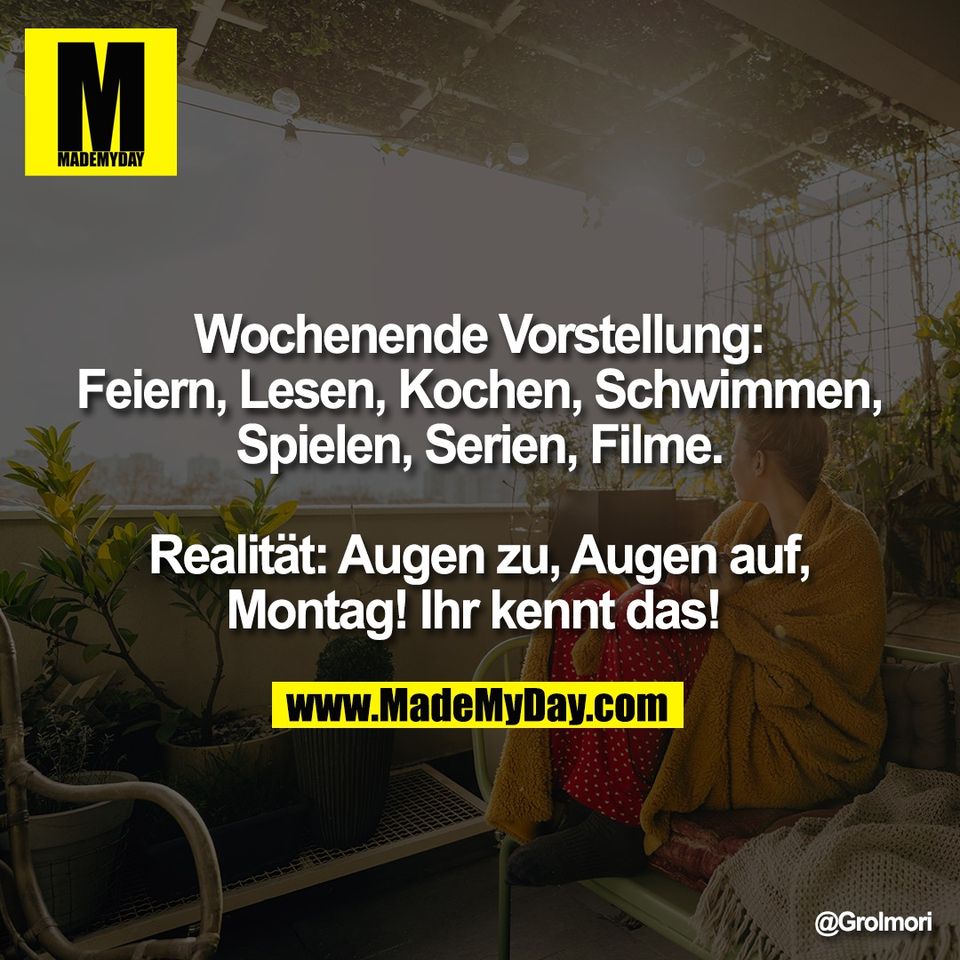 Wochenende Vorstellung:<br />
Feiern, Lesen, Kochen, Schwimmen,<br />
Spielen, Serien, Filme.<br />
<br />
Realität: Augen zu, Augen auf,<br />
Montag! Ihr kennt das!