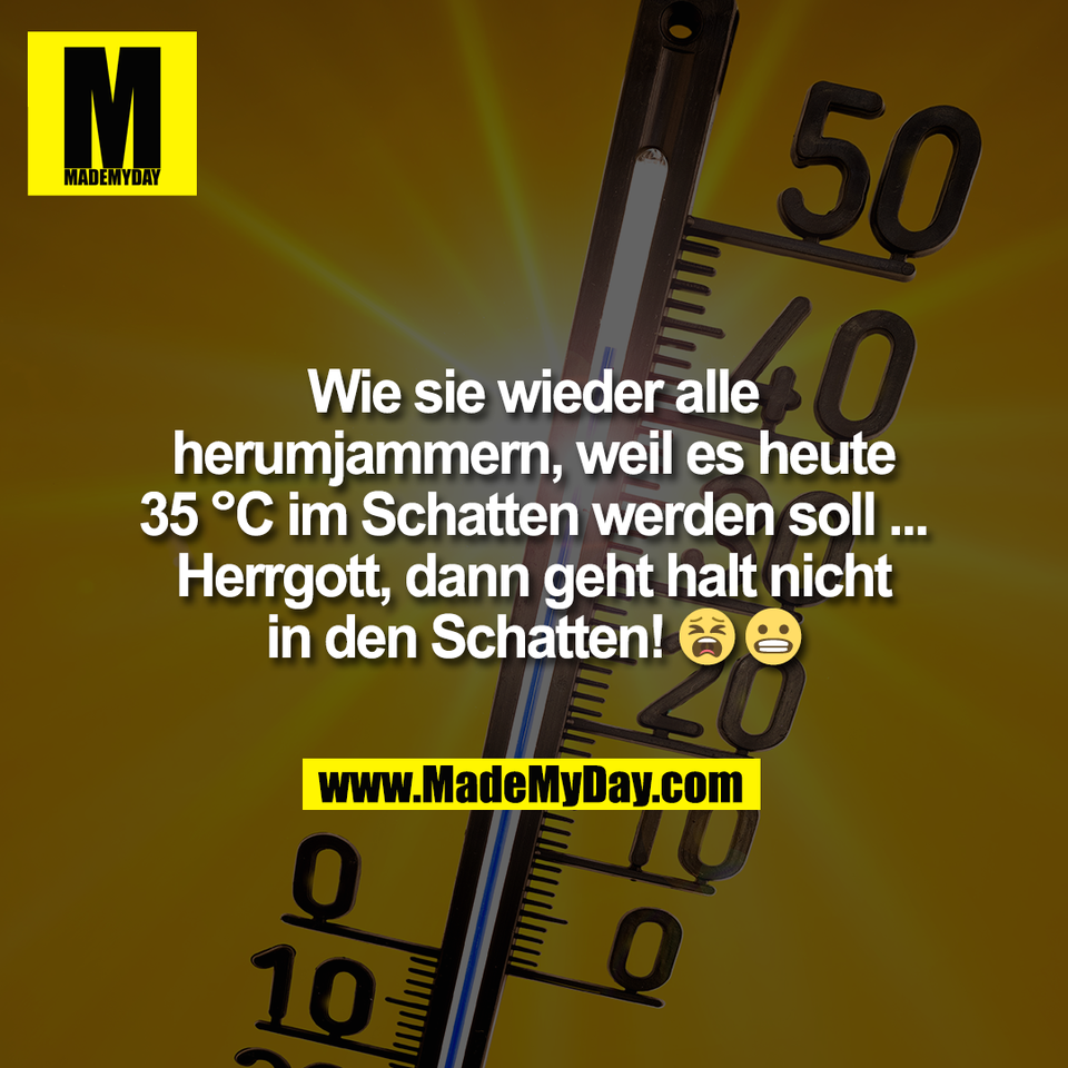 Wie sie wieder alle<br />
herumjammern, weil es heute<br />
35 °C im Schatten werden soll ...<br />
Herrgott, dann geht halt nicht<br />
in den Schatten! 😫 😬