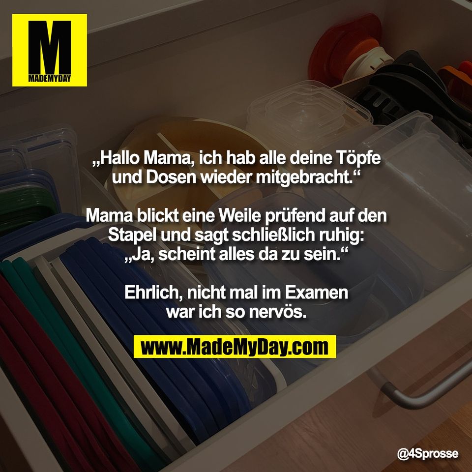 „Hallo Mama, ich hab alle deine Töpfe<br />
und Dosen wieder mitgebracht.“<br />
<br />
Mama blickt eine Weile prüfend auf den<br />
Stapel und sagt schließlich ruhig:<br />
„Ja, scheint alles da zu sein.“<br />
<br />
Ehrlich, nicht mal im Examen<br />
war ich so nervös.