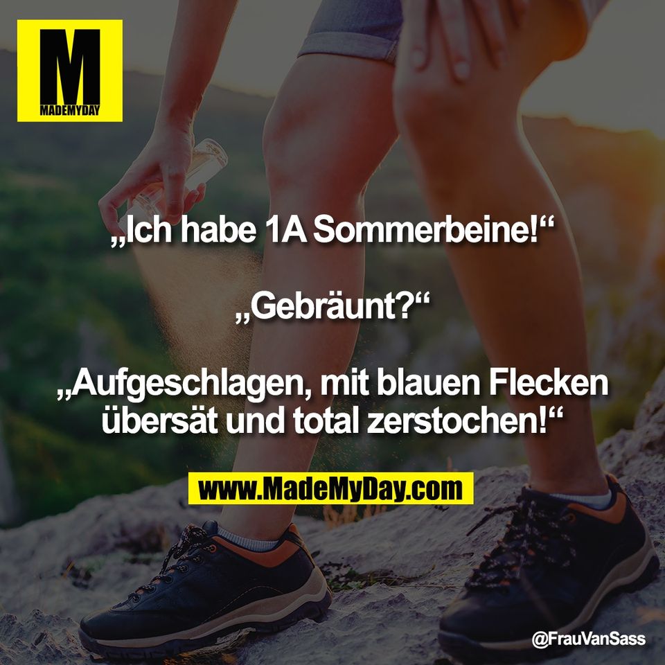 „Ich habe 1A Sommerbeine!“<br />
<br />
„Gebräunt?“<br />
<br />
„Aufgeschlagen, mit blauen Flecken<br />
übersät und total zerstochen!“