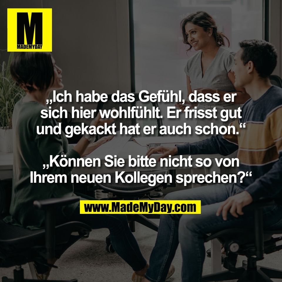 „Ich habe das Gefühl, dass er<br />
sich hier wohlfühlt. Er frisst gut<br />
und gekackt hat er auch schon.“<br />
<br />
„Können Sie bitte nicht so von<br />
Ihrem neuen Kollegen sprechen?“