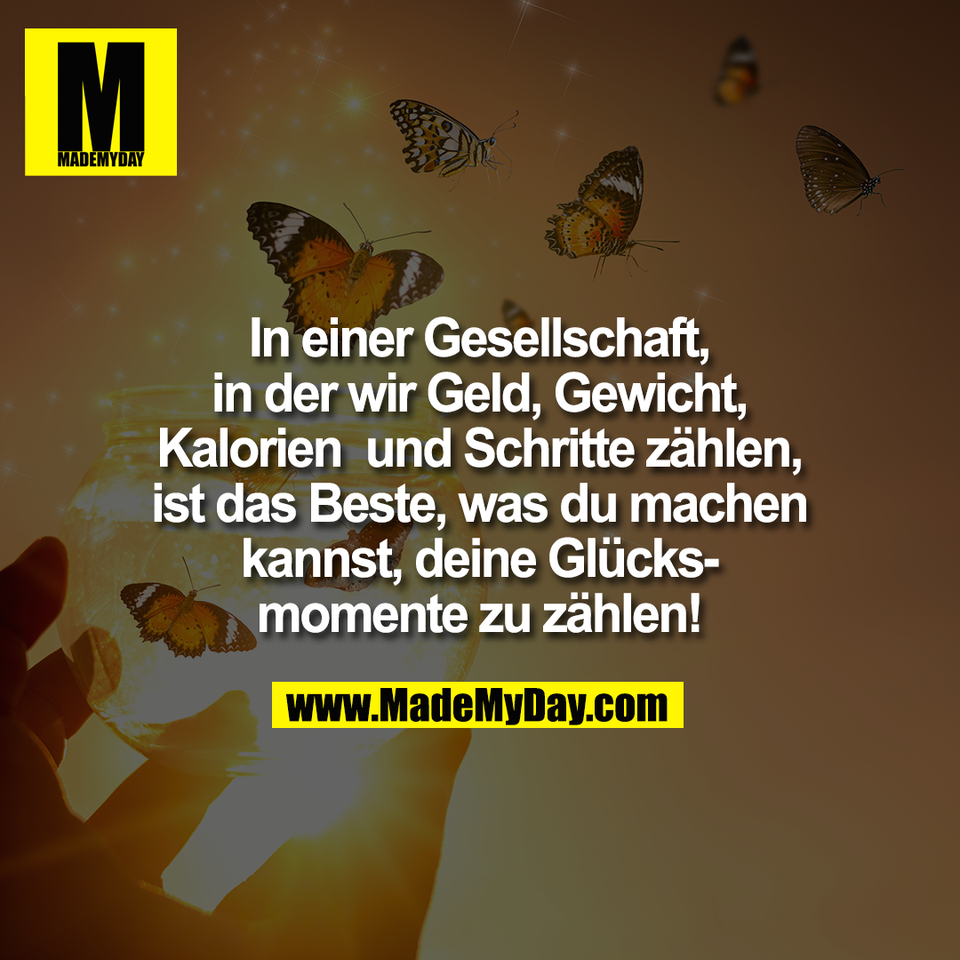 In einer Gesellschaft,<br />
in der wir Geld, Gewicht,<br />
Kalorien  und Schritte zählen,<br />
ist das Beste, was du machen<br />
kannst, deine Glücks-<br />
momente zu zählen!