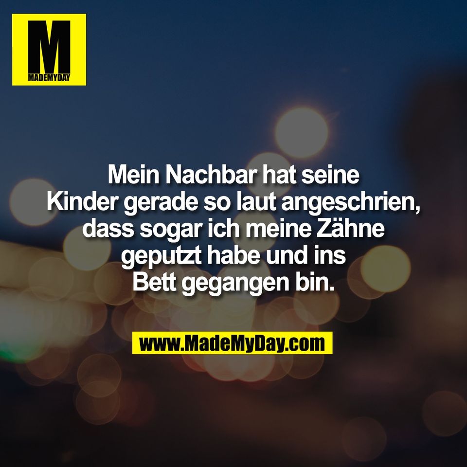 Mein Nachbar hat seine<br />
Kinder gerade so laut angeschrien,<br />
dass sogar ich meine Zähne<br />
geputzt habe und ins<br />
Bett gegangen bin.