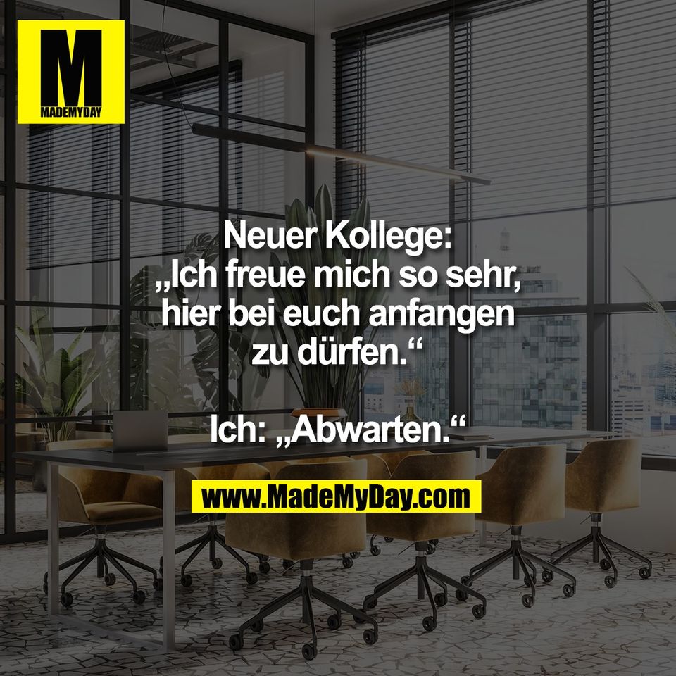Neuer Kollege:<br />
„Ich freue mich so sehr,<br />
hier bei euch anfangen<br />
zu dürfen.“<br />
<br />
Ich: „Abwarten.“