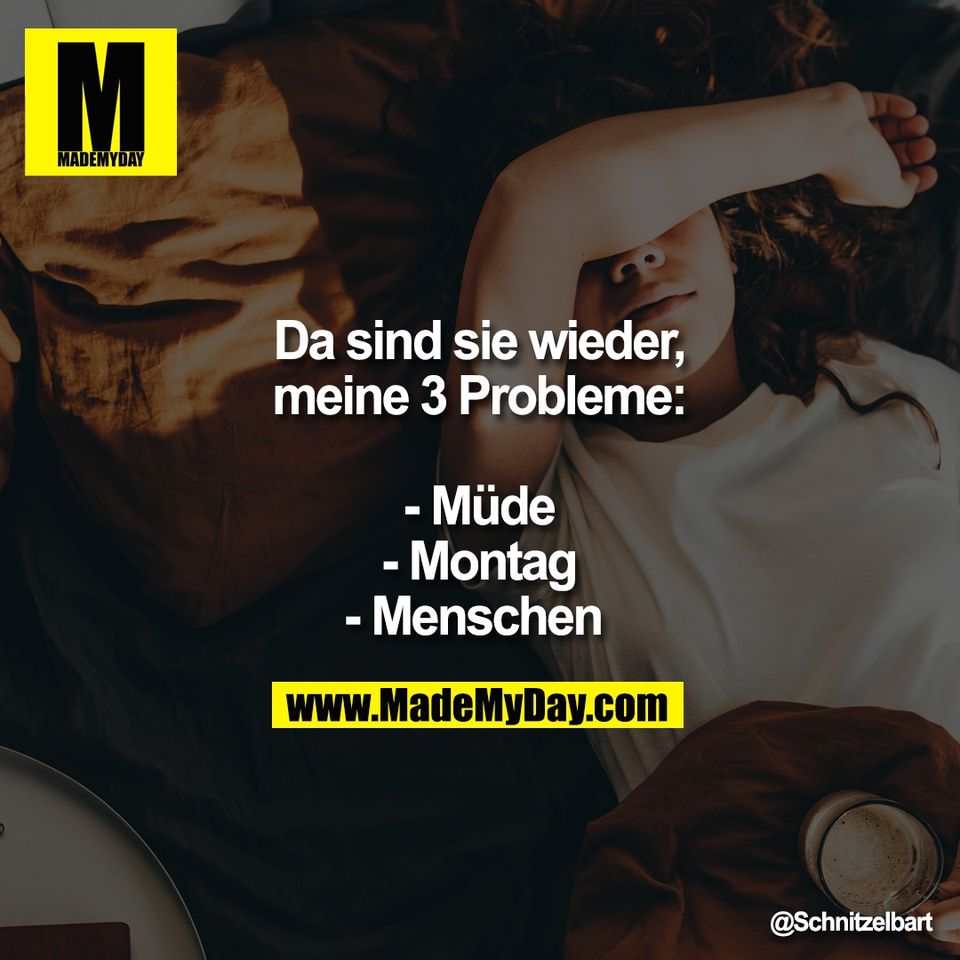 Da sind sie wieder,<br />
meine 3 Probleme:<br />
<br />
- Müde<br />
- Montag<br />
- Menschen