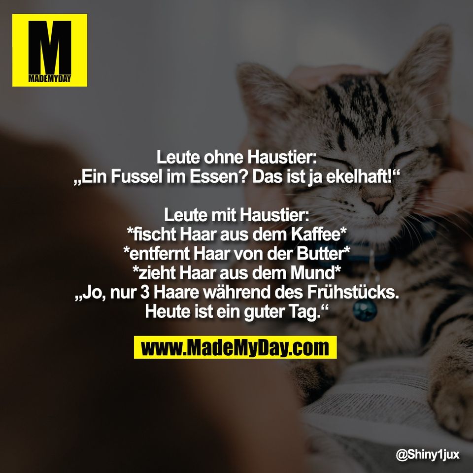 Leute ohne Haustier:<br />
„Ein Fussel im Essen? Das ist ja ekelhaft!“<br />
<br />
Leute mit Haustier:<br />
*fischt Haar aus dem Kaffee*<br />
*entfernt Haar von der Butter*<br />
*zieht Haar aus dem Mund*<br />
„Jo, nur 3 Haare während des Frühstücks.<br />
Heute ist ein guter Tag.“