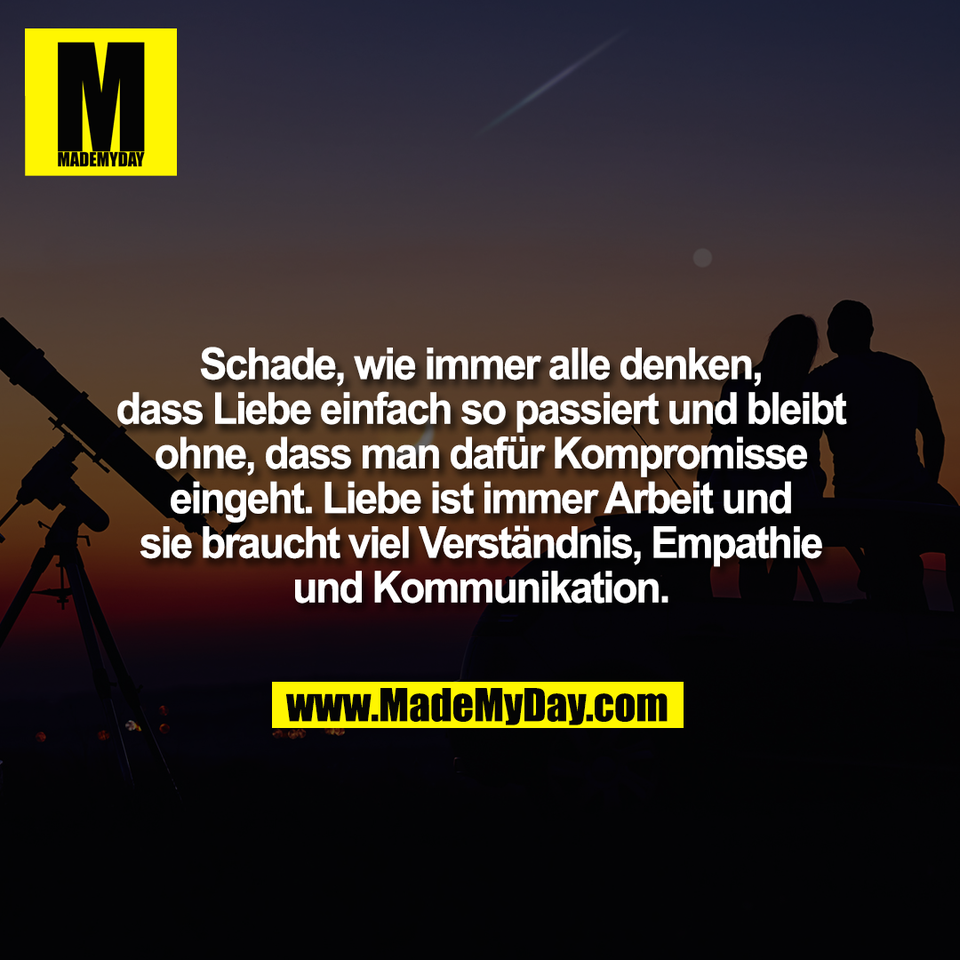 Schade, wie immer alle denken,<br />
dass Liebe einfach so passiert und bleibt<br />
ohne, dass man dafür Kompromisse<br />
eingeht. Liebe ist immer Arbeit und<br />
sie braucht viel Verständnis, Empathie<br />
und Kommunikation.