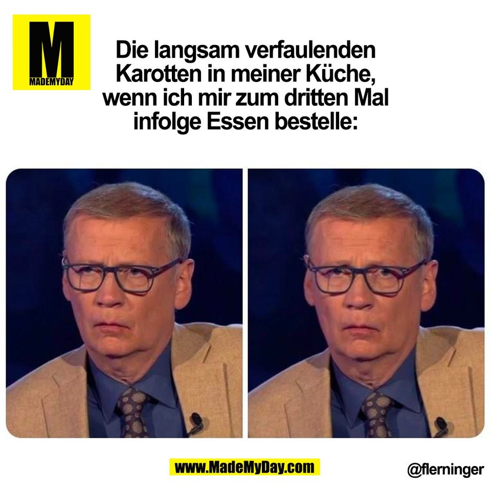 Die langsam verfaulenden<br />
Karotten in meiner Küche,<br />
wenn ich mir zum dritten Mal<br />
infolge Essen bestelle:<br />
(BILD)