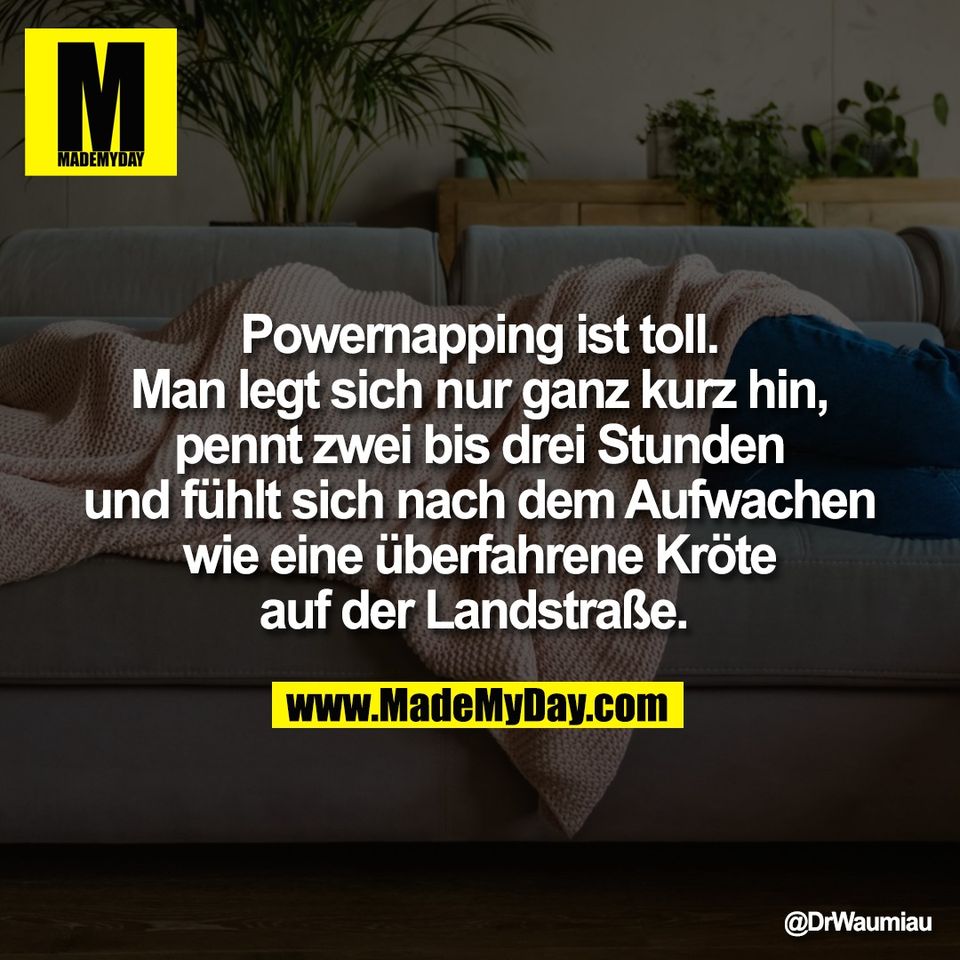 Powernapping ist toll.<br />
Man legt sich nur ganz kurz hin,<br />
pennt zwei bis drei Stunden<br />
und fühlt sich nach dem Aufwachen<br />
wie eine überfahrene Kröte<br />
auf der Landstraße.