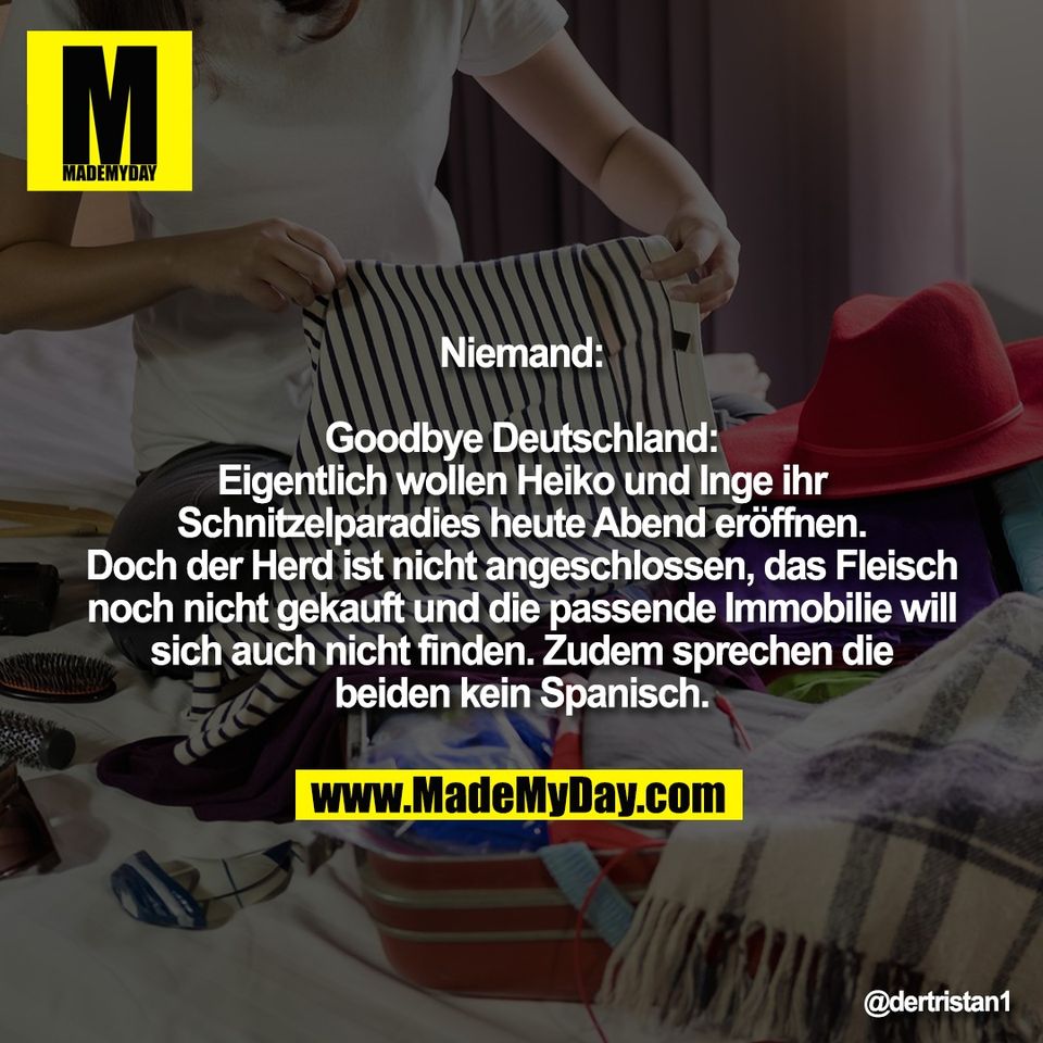 Niemand:<br />
<br />
Goodbye Deutschland:<br />
Eigentlich wollen Heiko und Inge ihr<br />
Schnitzelparadies heute Abend eröffnen.<br />
Doch der Herd ist nicht angeschlossen, das Fleisch<br />
noch nicht gekauft und die passende Immobilie will<br />
sich auch nicht finden. Zudem sprechen die<br />
beiden kein Spanisch.
