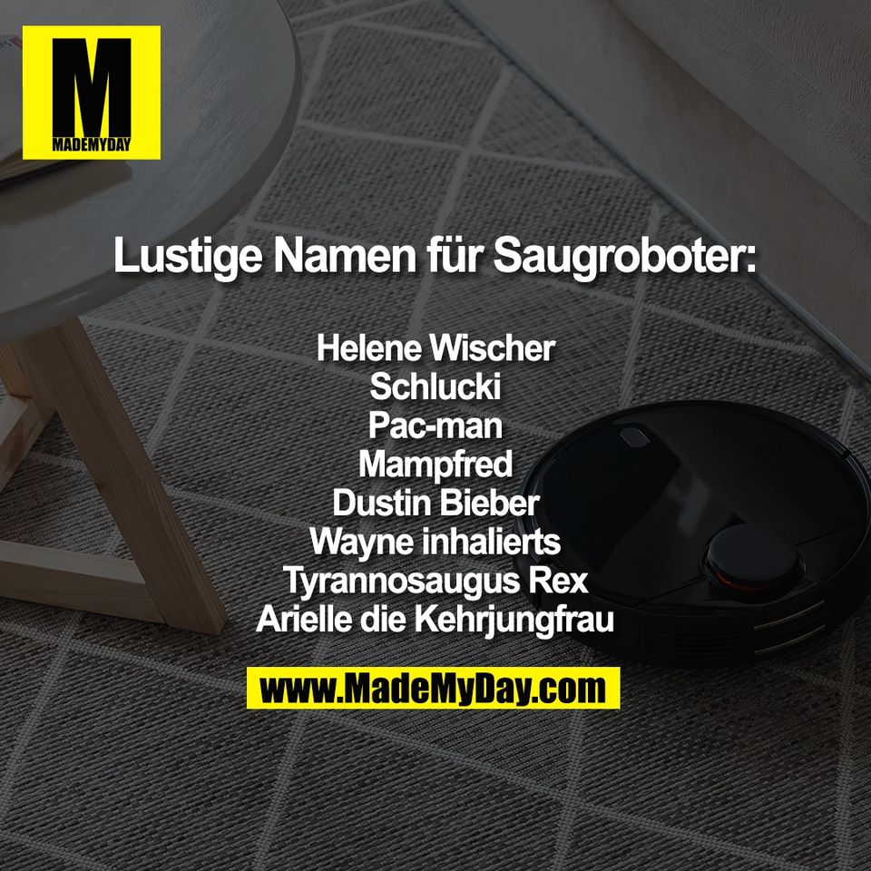 Lustige Namen für Saugroboter:<br />
<br />
Helene Wischer<br />
Schlucki<br />
Pac-man<br />
Mampfred<br />
Dustin Bieber<br />
Wayne inhalierts<br />
Tyrannosaugus Rex<br />
Arielle die Kehrjungfrau