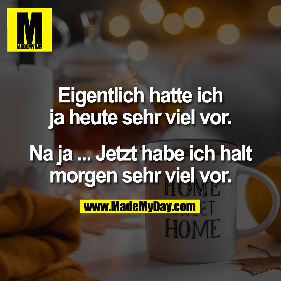 Eigentlich hatte ich<br />
ja heute sehr viel vor.<br />
<br />
Na ja ... Jetzt habe ich halt<br />
morgen sehr viel vor.