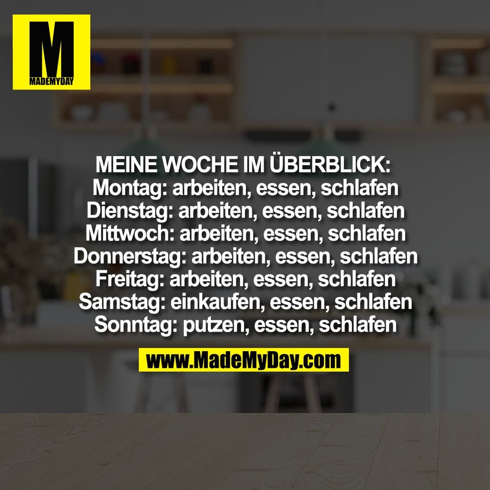 Meine Woche im Überblick: <br />
Montag: arbeiten, essen, schlafen<br />
Dienstag: arbeiten, essen, schlafen<br />
Mittwoch: arbeiten, essen, schlafen<br />
Donnerstag: arbeiten, essen, schlafen<br />
Freitag: arbeiten, essen, schlafen<br />
Samstag: einkaufen, essen, schlafen<br />
Sonntag: putzen, essen, schlafen
