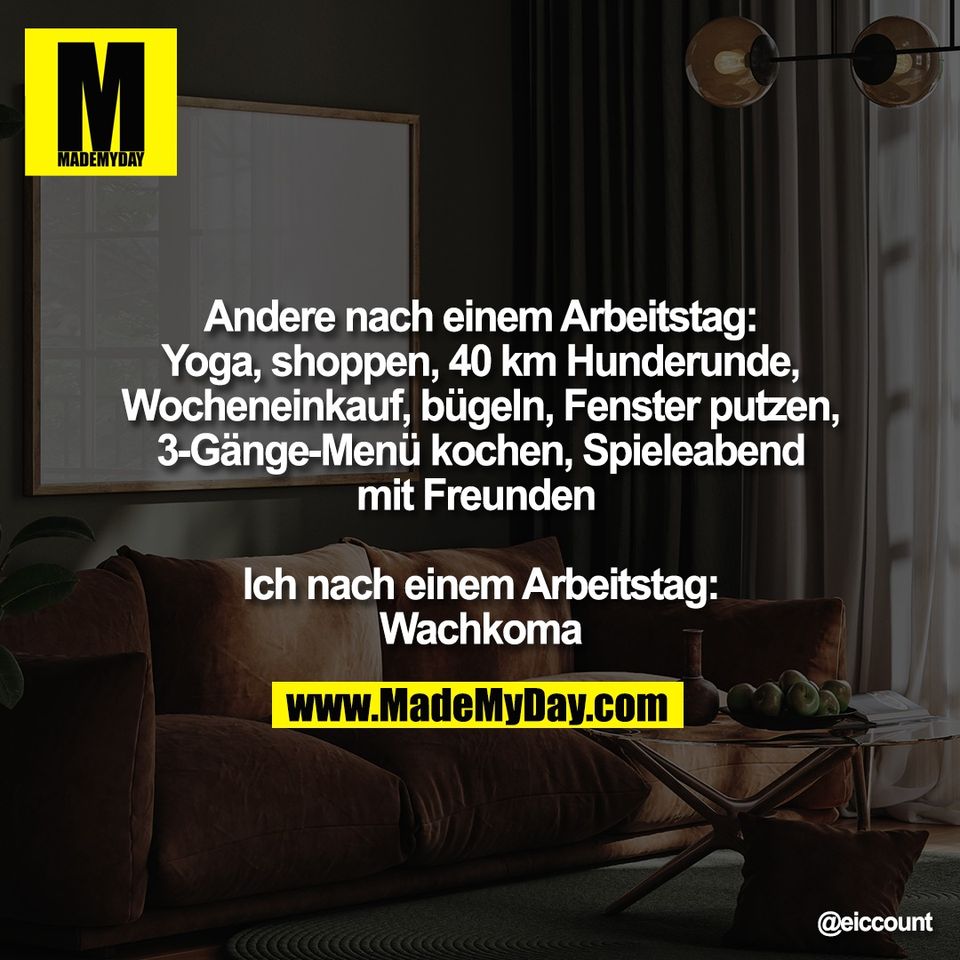 Andere nach einem Arbeitstag:<br />
Yoga, shoppen, 40 km Hunderunde,<br />
Wocheneinkauf, bügeln, Fenster putzen,<br />
3-Gänge-Menü kochen, Spieleabend<br />
mit Freunden <br />
<br />
Ich nach einem Arbeitstag:<br />
Wachkoma
