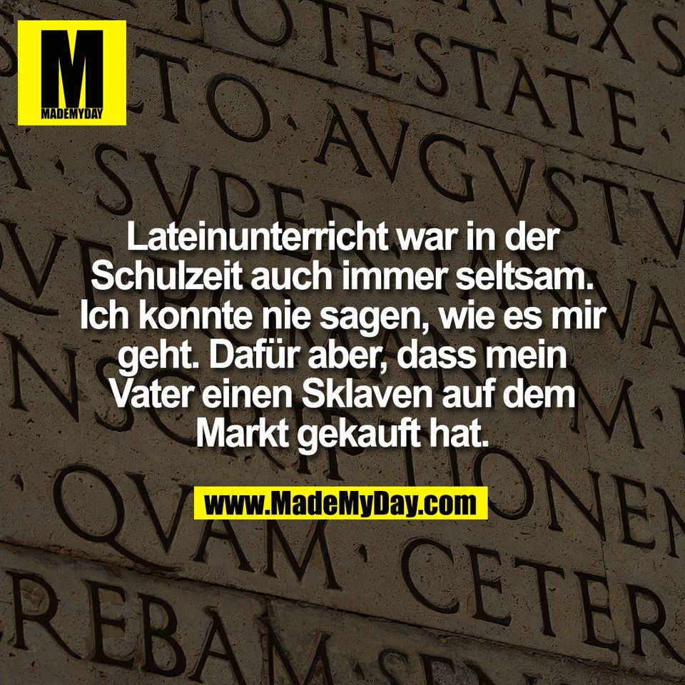 Lateinunterricht war in der<br />
Schulzeit auch immer seltsam.<br />
Ich konnte nie sagen, wie es mir<br />
geht. Dafür aber, dass mein<br />
Vater einen Sklaven auf dem<br />
Markt gekauft hat.