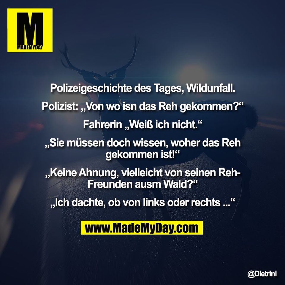 Polizeigeschichte des Tages, Wildunfall.<br />
<br />
Polizist: „Von wo isn das Reh gekommen?“<br />
<br />
Fahrerin „Weiß ich nicht.“<br />
<br />
„Sie müssen doch wissen, woher das Reh<br />
gekommen ist!“<br />
<br />
„Keine Ahnung, vielleicht von seinen Reh-<br />
Freunden ausm Wald?“<br />
<br />
„Ich dachte, ob von links oder rechts ...“
