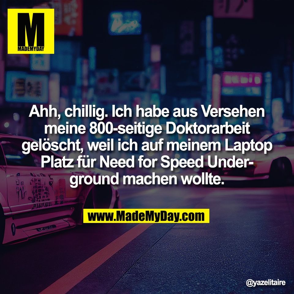 Ahh, chillig. Ich habe aus Versehen<br />
meine 800-seitige Doktorarbeit<br />
gelöscht, weil ich auf meinem Laptop<br />
Platz für Need for Speed Under-<br />
ground machen wollte.