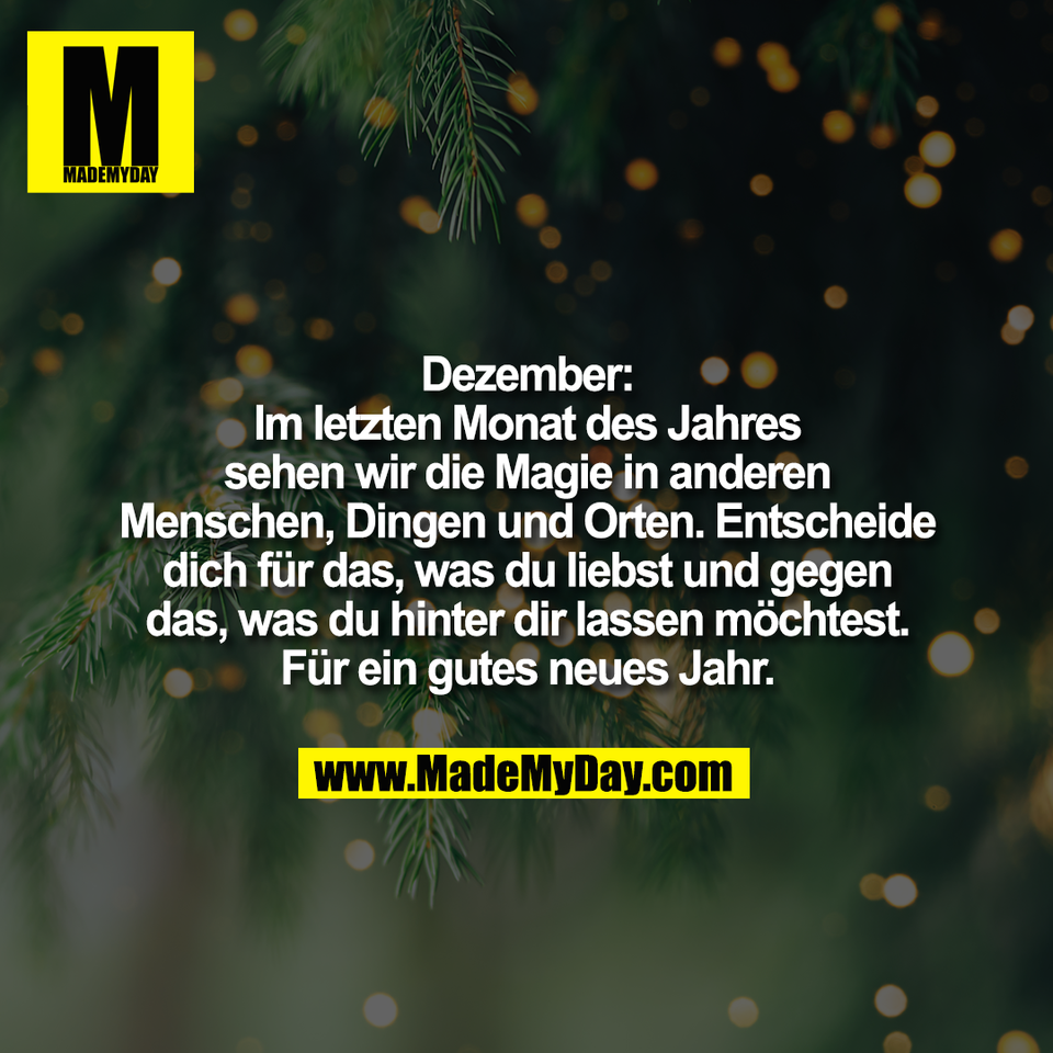 Dezember:<br />
Im letzten Monat des Jahres<br />
sehen wir die Magie in anderen<br />
Menschen, Dingen und Orten. Entscheide<br />
dich für das, was du liebst und gegen<br />
das, was du hinter dir lassen möchtest.<br />
Für ein gutes neues Jahr.