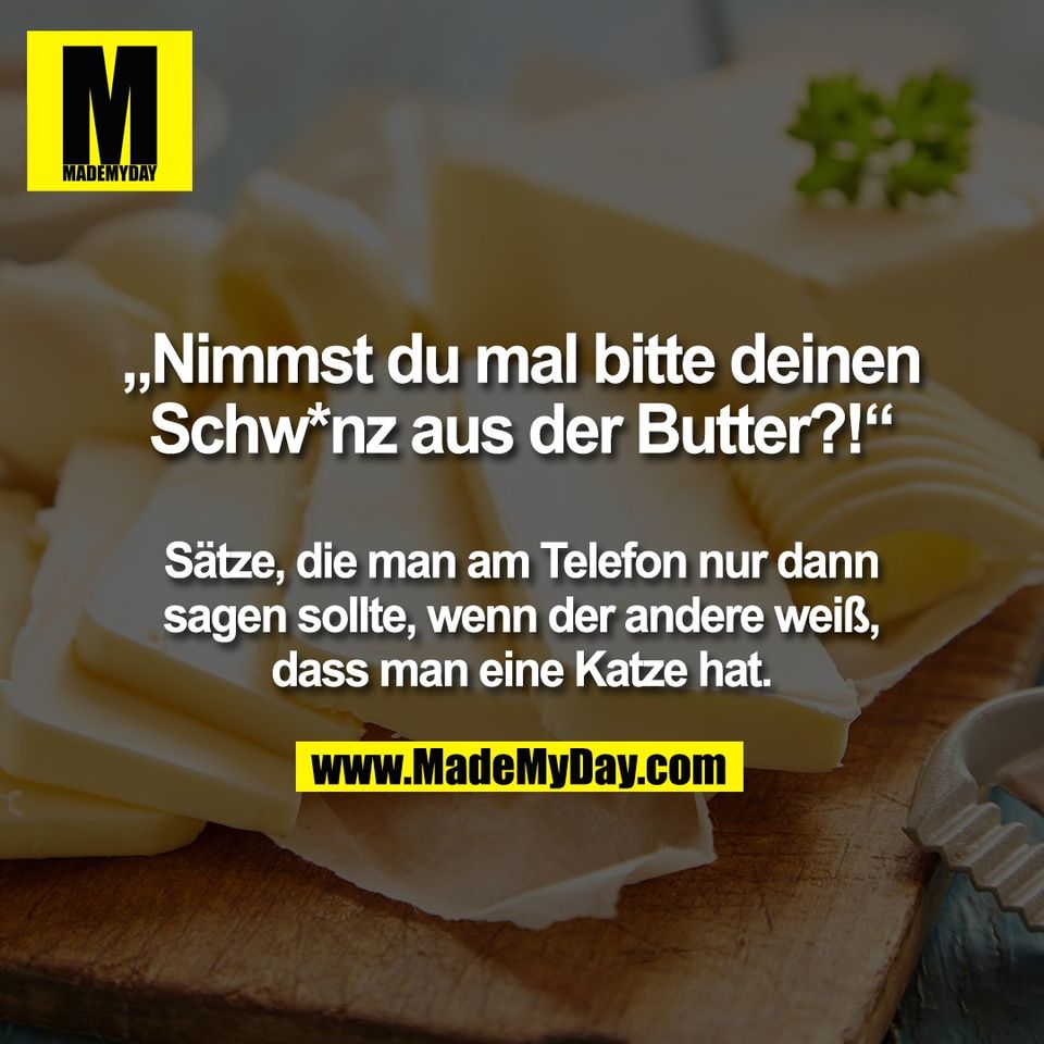 „Nimmst du mal bitte deinen<br />
Schw*nz aus der Butter?!“<br />
<br />
Sätze, die man am Telefon nur dann<br />
sagen sollte, wenn der andere weiß,<br />
dass man eine Katze hat.