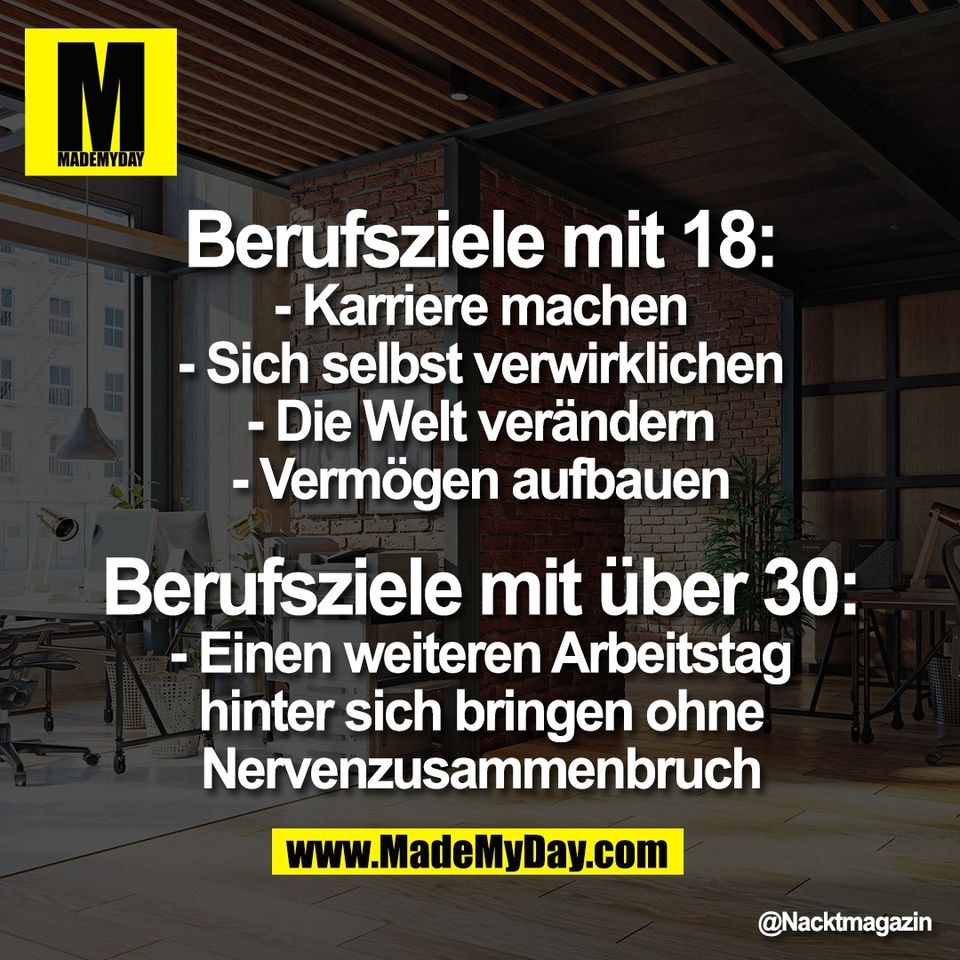 Berufsziele mit 18:<br />
- Karriere machen<br />
- Sich selbst verwirklichen<br />
- Die Welt verändern<br />
- Vermögen aufbauen<br />
<br />
Berufsziele mit über 30:<br />
- Einen weiteren Arbeitstag<br />
hinter sich bringen ohne<br />
Nervenzusammenbruch