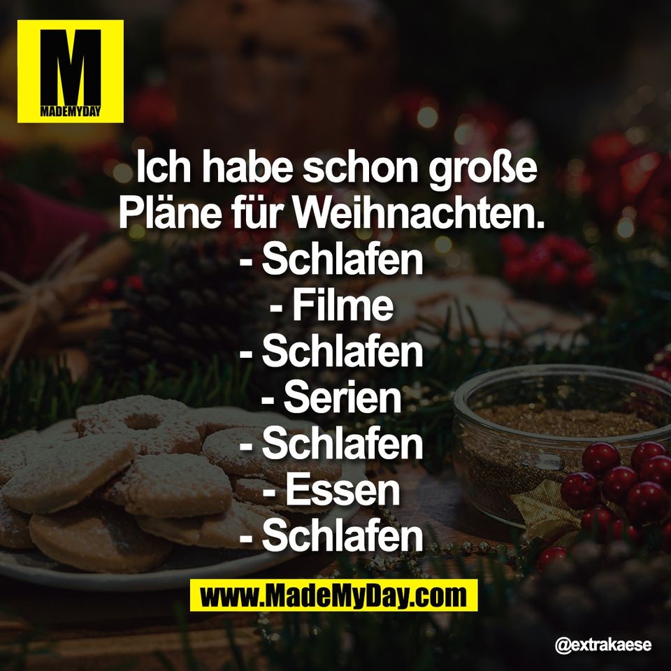 Ich habe schon große<br />
Pläne für Weihnachten. <br />
- Schlafen <br />
- Filme <br />
- Schlafen <br />
- Serien <br />
- Schlafen <br />
- Essen <br />
- Schlafen
