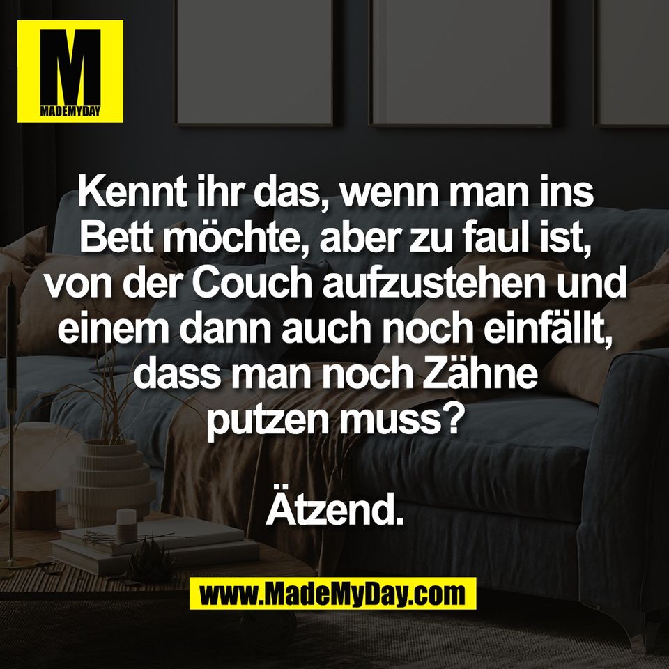 Kennt ihr das, wenn man ins<br />
Bett möchte, aber zu faul ist,<br />
von der Couch aufzustehen und<br />
einem dann auch noch einfällt,<br />
dass man noch Zähne<br />
putzen muss?<br />
<br />
Ätzend.