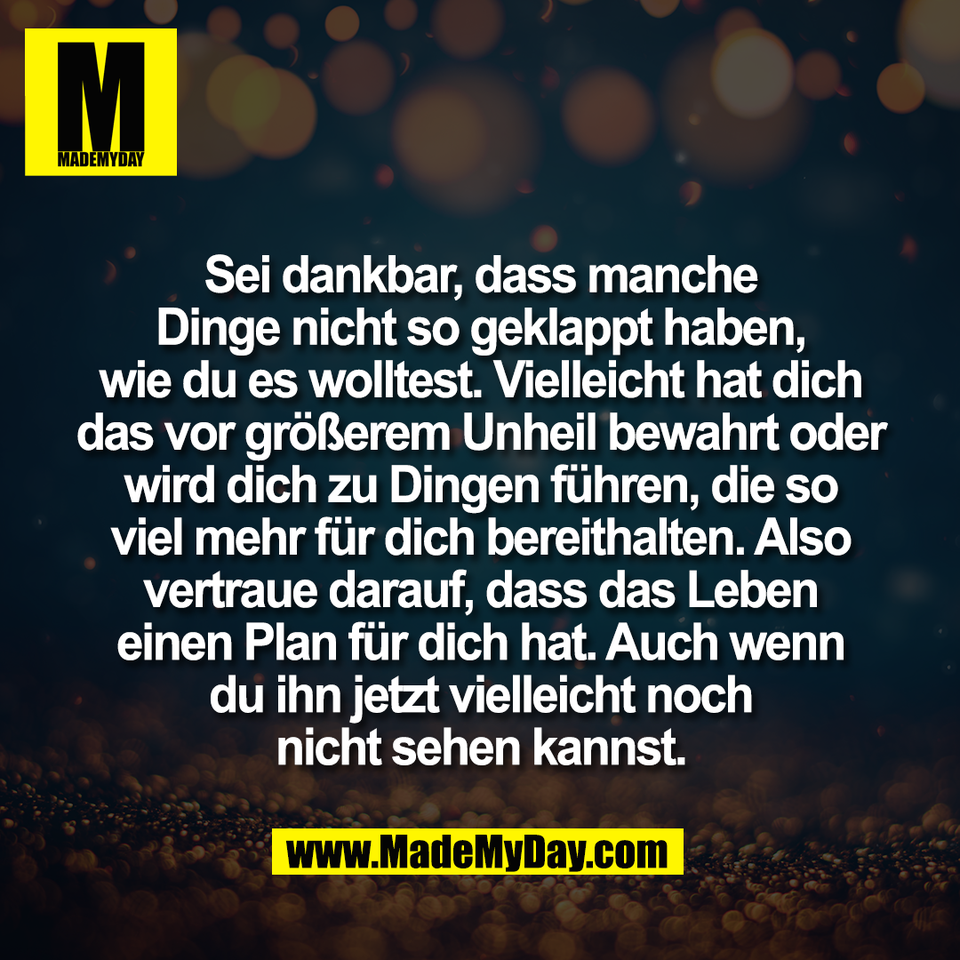 Sei dankbar, dass manche<br />
Dinge nicht so geklappt haben,<br />
wie du es wolltest. Vielleicht hat dich<br />
das vor größerem Unheil bewahrt oder<br />
wird dich zu Dingen führen, die so<br />
viel mehr für dich bereithalten. Also<br />
vertraue darauf, dass das Leben<br />
einen Plan für dich hat. Auch wenn<br />
du ihn jetzt vielleicht noch<br />
nicht sehen kannst.