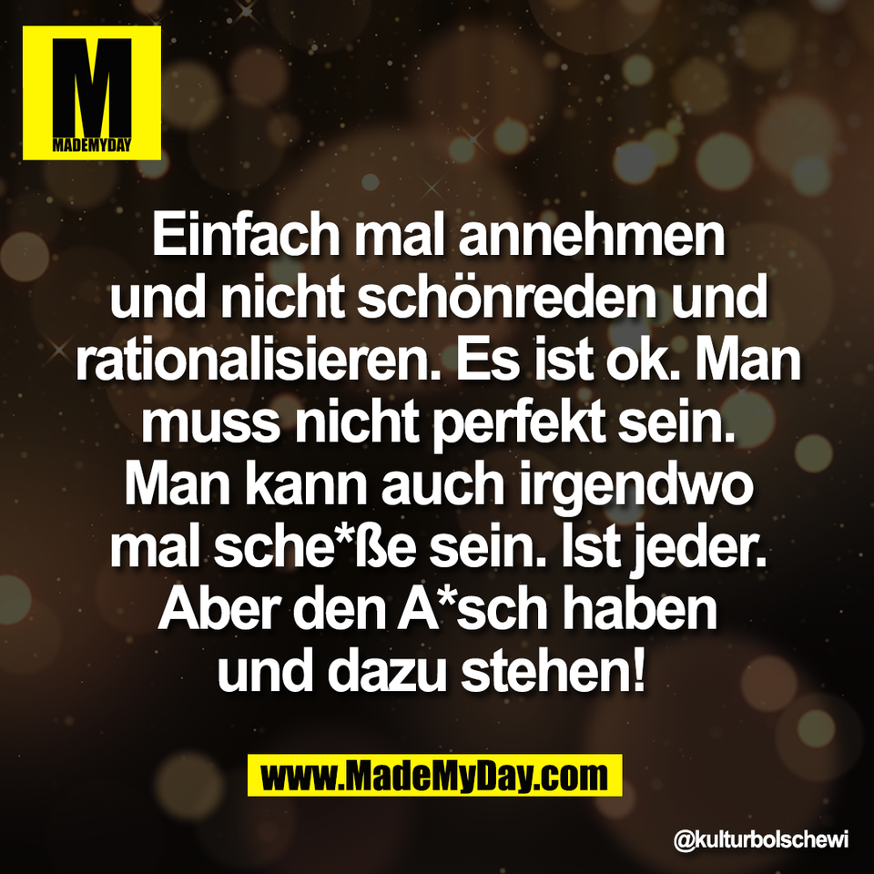 Einfach mal annehmen<br />
und nicht schönreden und<br />
rationalisieren. Es ist ok. Man<br />
muss nicht perfekt sein.<br />
Man kann auch irgendwo<br />
mal sche*ße sein. Ist jeder.<br />
Aber den A*sch haben<br />
und dazu stehen!