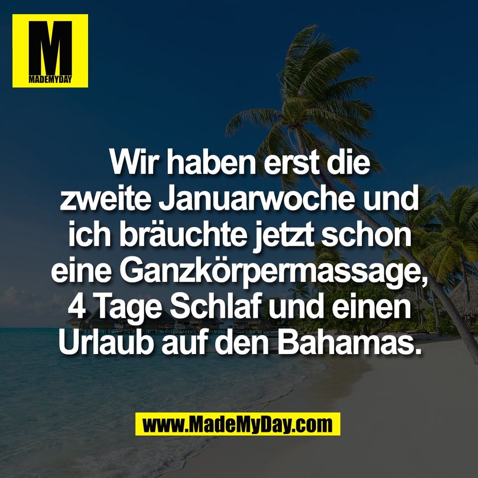 Wir haben erst die<br />
zweite Januarwoche und<br />
ich bräuchte jetzt schon<br />
eine Ganzkörpermassage,<br />
4 Tage Schlaf und einen<br />
Urlaub auf den Bahamas.