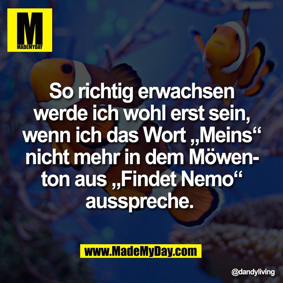 So richtig erwachsen<br />
werde ich wohl erst sein,<br />
wenn ich das Wort „Meins“<br />
nicht mehr in dem Möwen-<br />
ton aus „Findet Nemo“<br />
ausspreche.