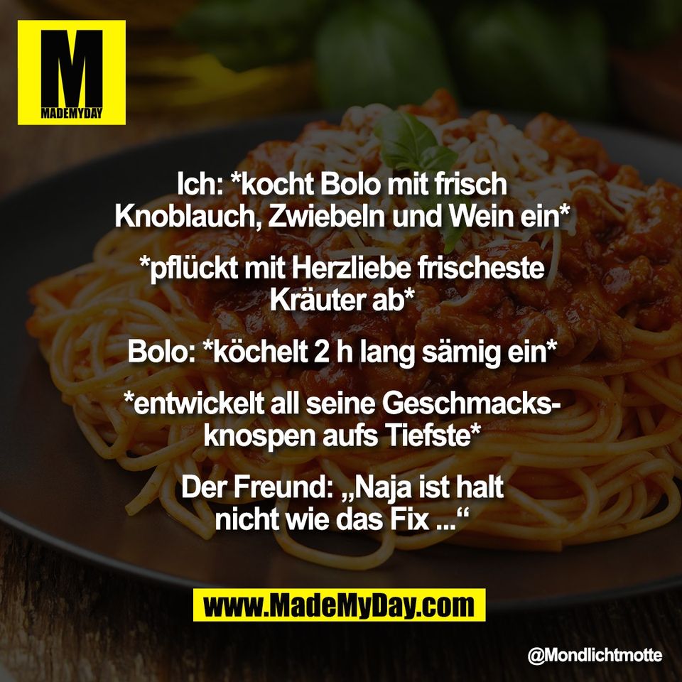 Ich: *kocht Bolo mit frisch<br />
Knoblauch, Zwiebeln und Wein ein*<br />
<br />
*pflückt mit Herzliebe frischeste<br />
Kräuter ab*<br />
<br />
Bolo: *köchelt 2 h lang sämig ein*<br />
<br />
*entwickelt all seine Geschmacks-<br />
knospen aufs Tiefste*<br />
<br />
Der Freund: „Naja ist halt<br />
nicht wie das Fix ...“