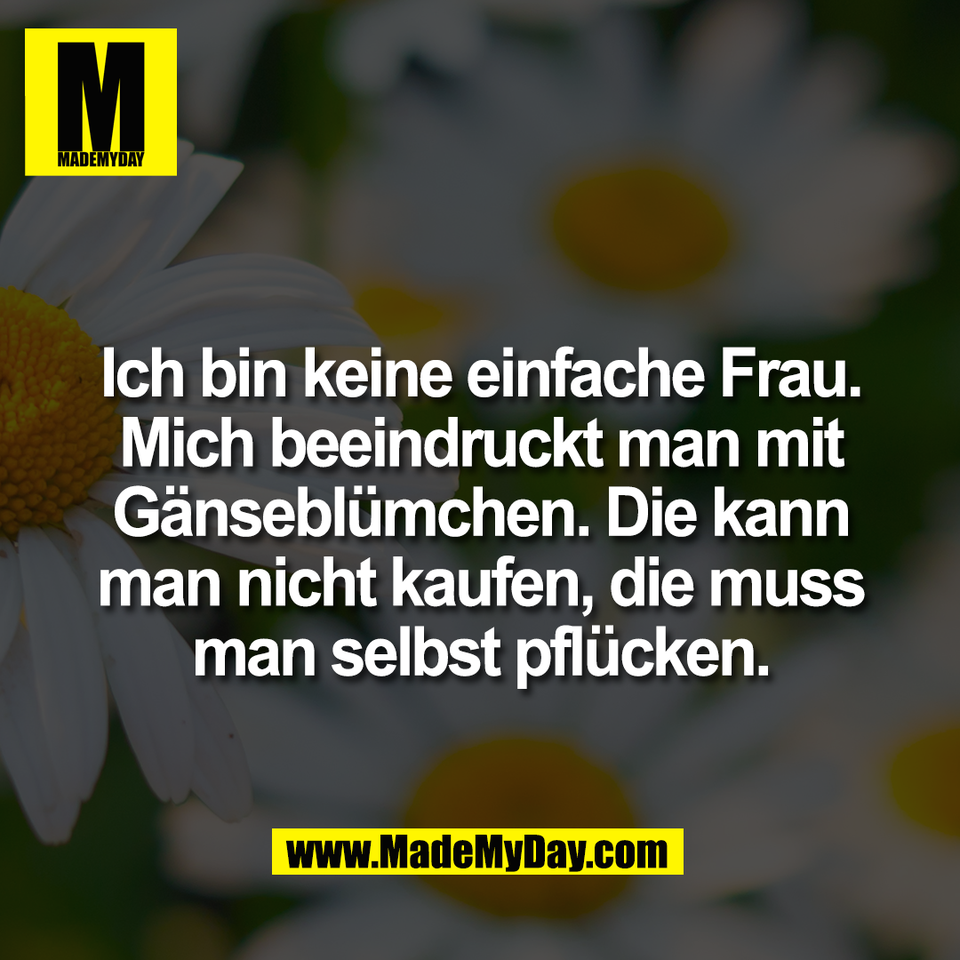 Ich bin keine einfache Frau.<br />
Mich beeindruckt man mit<br />
Gänseblümchen. Die kann<br />
man nicht kaufen, die muss<br />
man selbst pflücken.