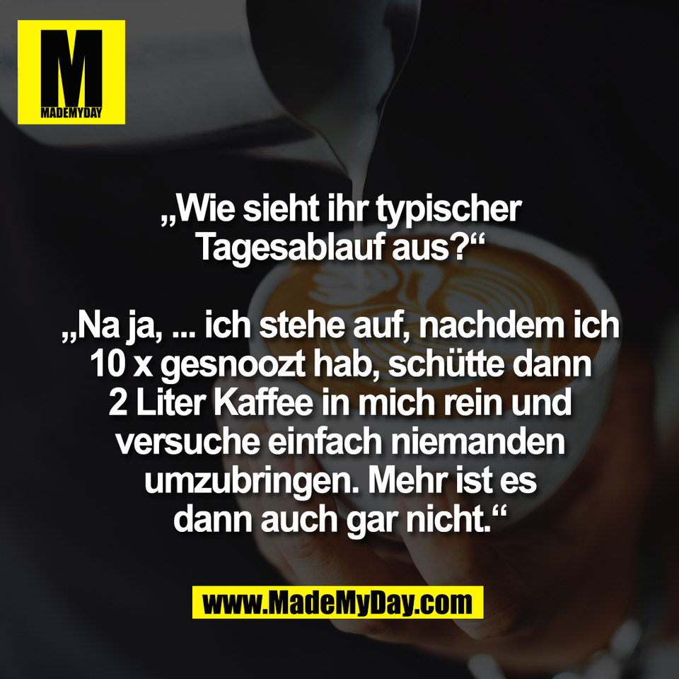 „Wie sieht ihr typischer<br />
Tagesablauf aus?“<br />
<br />
„Na ja, ... ich stehe auf, nachdem ich<br />
10 x gesnoozt hab, schütte dann<br />
2 Liter Kaffee in mich rein und<br />
versuche einfach niemanden<br />
umzubringen. Mehr ist es<br />
dann auch gar nicht.“