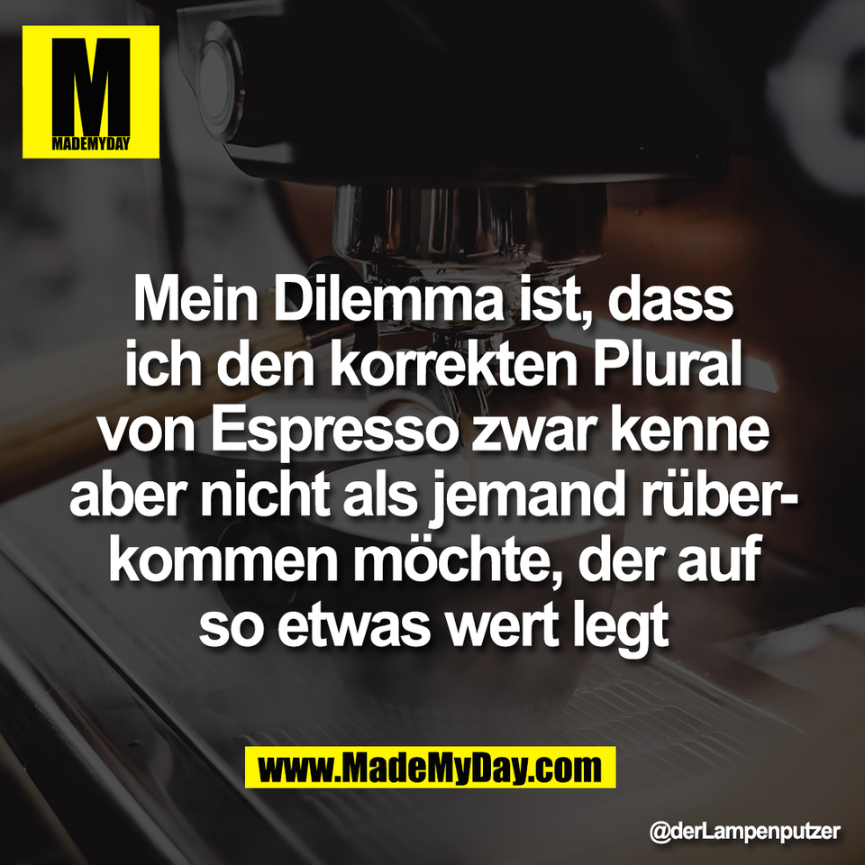 Mein Dilemma ist, dass<br />
ich den korrekten Plural<br />
von Espresso zwar kenne<br />
aber nicht als jemand rüber-<br />
kommen möchte, der auf<br />
so etwas wert legt