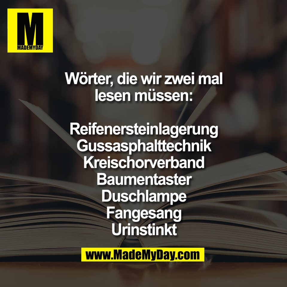 Wörter, die wir zwei mal<br />
lesen müssen:<br />
<br />
Reifenersteinlagerung<br />
Gussasphalttechnik<br />
Kreischorverband<br />
Baumentaster<br />
Duschlampe<br />
Fangesang<br />
Urinstinkt