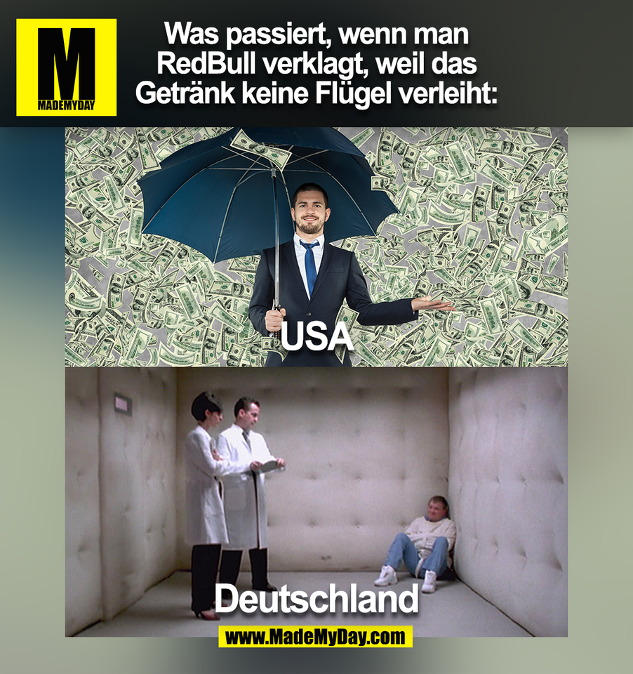 Was passiert, wenn man<br />
RedBull verklagt, weil das<br />
Getränk keine Flügel verleiht:<br />
<br />
USA<br />
<br />
Deutschland<br />
<br />
(BILD)