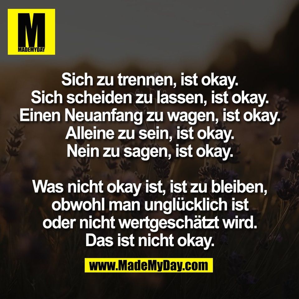 Sich zu trennen, ist okay.<br />
Sich scheiden zu lassen, ist okay.<br />
Einen Neuanfang zu wagen, ist okay.<br />
Alleine zu sein, ist okay.<br />
Nein zu sagen, ist okay.<br />
<br />
Was nicht okay ist, ist zu bleiben,<br />
obwohl man unglücklich ist<br />
oder nicht wertgeschätzt wird.<br />
Das ist nicht okay.