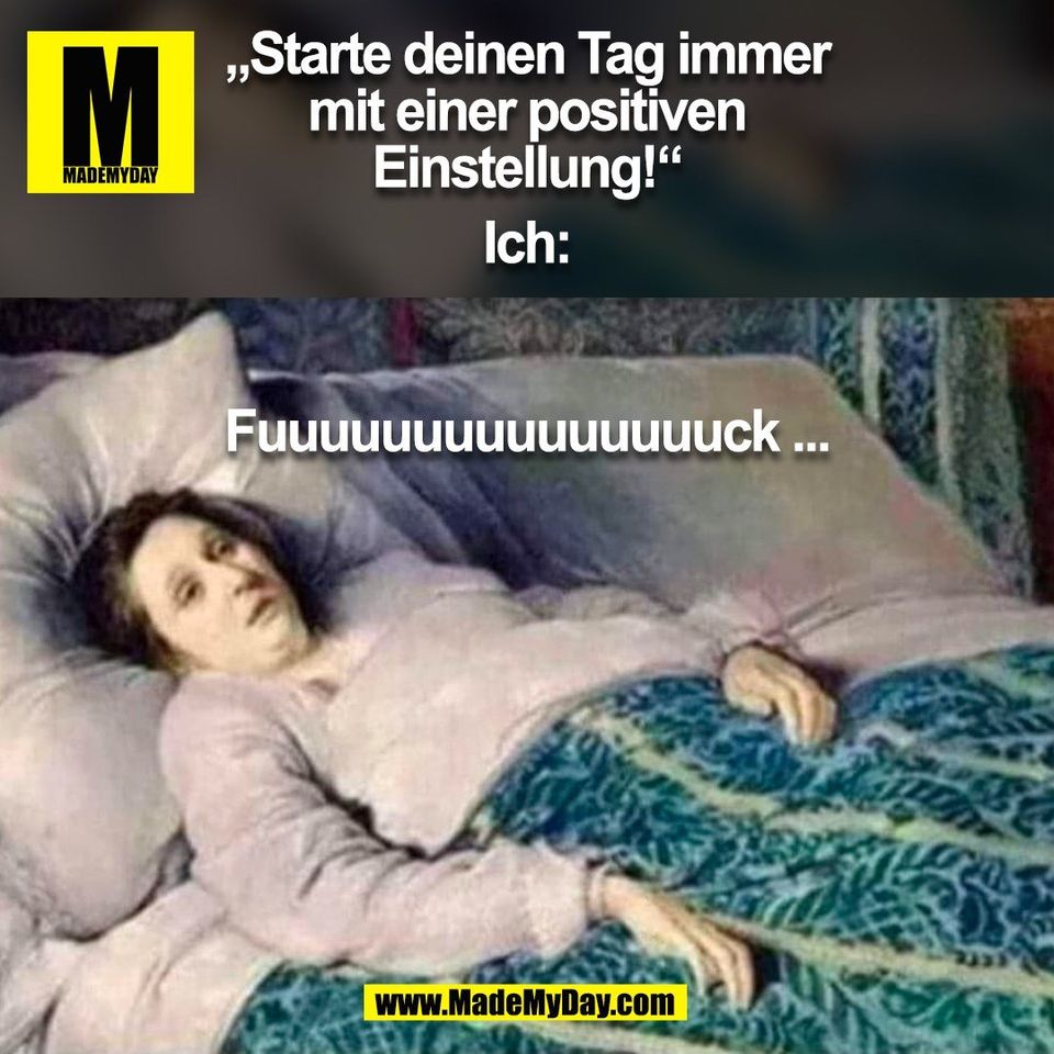 „Starte deinen Tag immer<br />
mit einer positiven<br />
Einstellung!“<br />
<br />
Ich:<br />
Fuuuuuuuuuuuuuuuck ...<br />
(BILD)