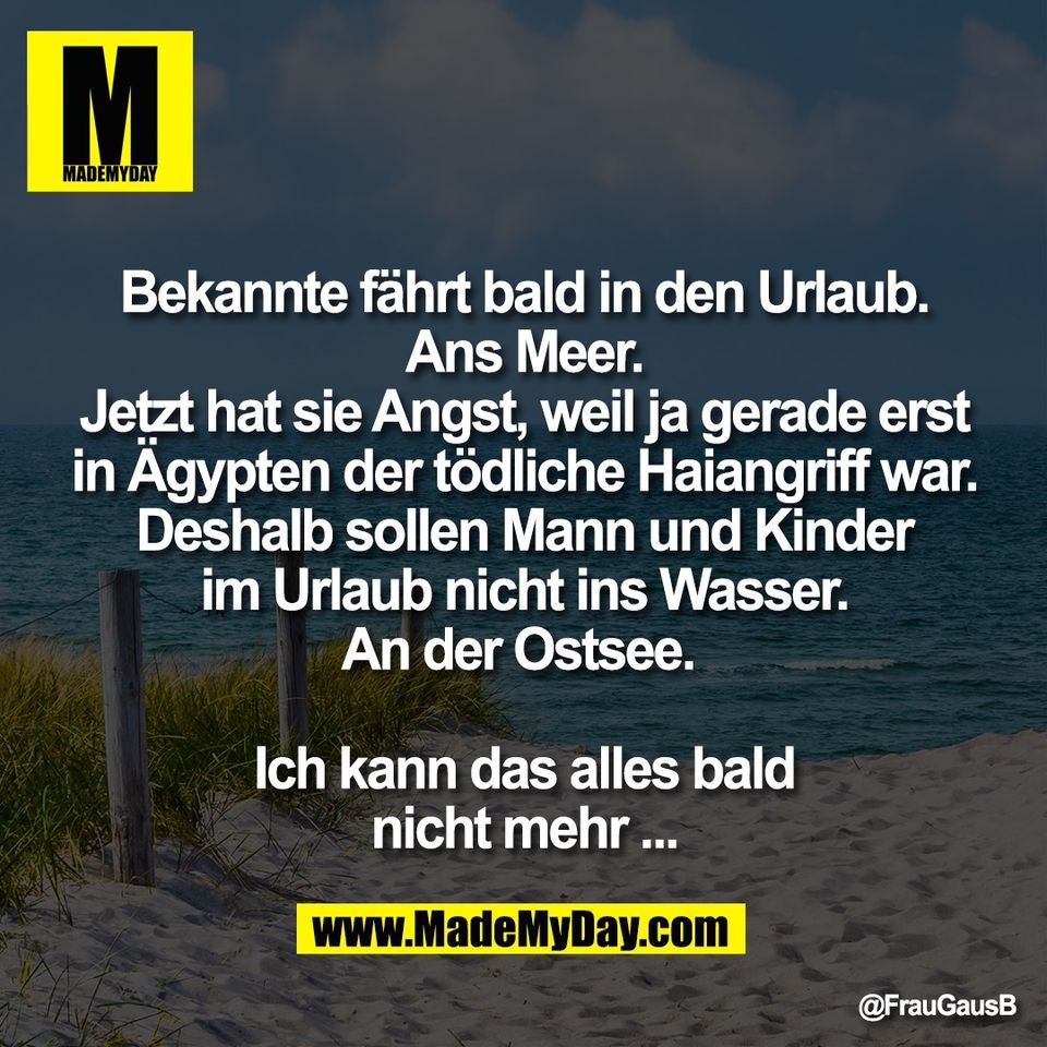 Bekannte fährt bald in den Urlaub.<br />
Ans Meer.<br />
Jetzt hat sie Angst, weil ja gerade erst<br />
in Ägypten der tödliche Haiangriff war.<br />
Deshalb sollen Mann und Kinder<br />
im Urlaub nicht ins Wasser.<br />
An der Ostsee. <br />
<br />
Ich kann das alles bald<br />
nicht mehr ...
