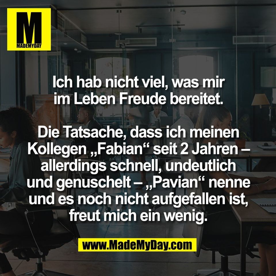 Ich hab nicht viel, was mir<br />
im Leben Freude bereitet.<br />
<br />
Die Tatsache, dass ich meinen<br />
Kollegen „Fabian“ seit 2 Jahren –<br />
allerdings schnell, undeutlich<br />
und genuschelt – „Pavian“ nenne<br />
und es noch nicht aufgefallen ist,<br />
freut mich ein wenig.