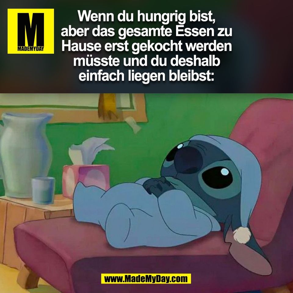 Wenn du hungrig bist,<br />
aber das gesamte Essen zu<br />
Hause erst gekocht werden<br />
müsste und du deshalb<br />
einfach liegen bleibst:<br />
(BILD)