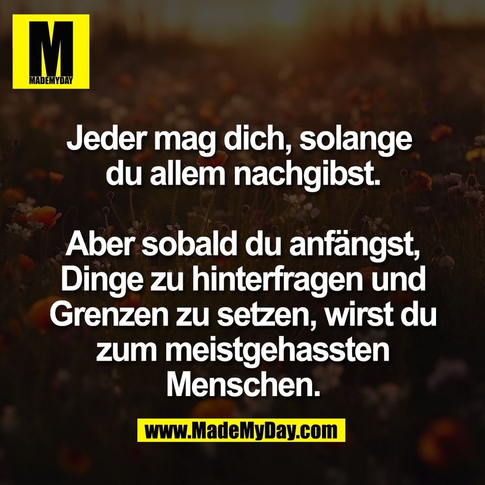 Jeder mag dich, solange <br />
du allem nachgibst.<br />
<br />
Aber sobald du anfängst,<br />
Dinge zu hinterfragen und<br />
Grenzen zu setzen, wirst du<br />
zum meistgehassten<br />
Menschen.