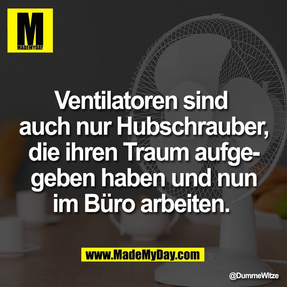 Ventilatoren sind <br />
auch nur Hubschrauber,<br />
die ihren Traum aufge-<br />
geben haben und nun<br />
im Büro arbeiten.